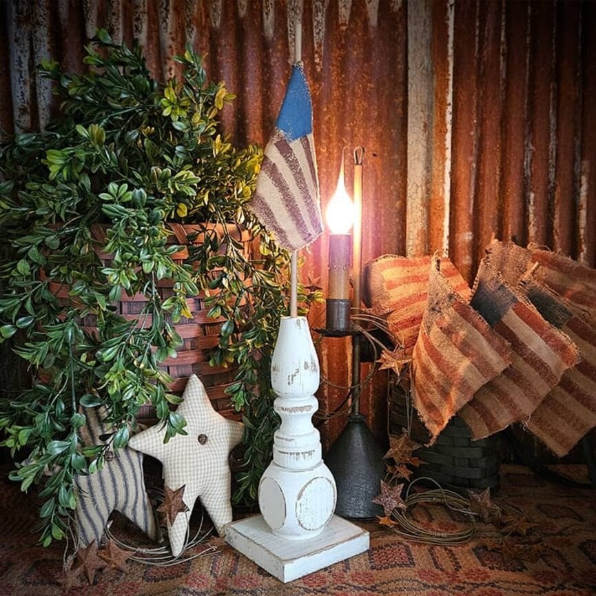 Distressed White Pedestal Base with Flag - 19"