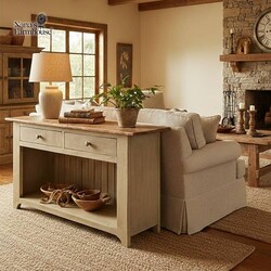 Two Drawer Sofa Table in Cotton White with Maple Stained Top - 60" L x 16" W x 31" T