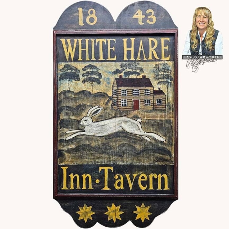 Kathy Graybill Hand Painted White Hare Inn Original Artwork Tavern Sign - 33" x 18.5"