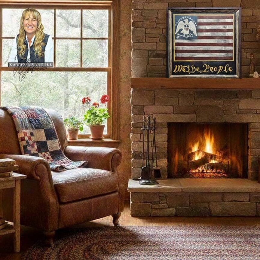 Kathy Graybill Hand Painted We The People with Flag Original Artwork - 23.5" x 21.5"