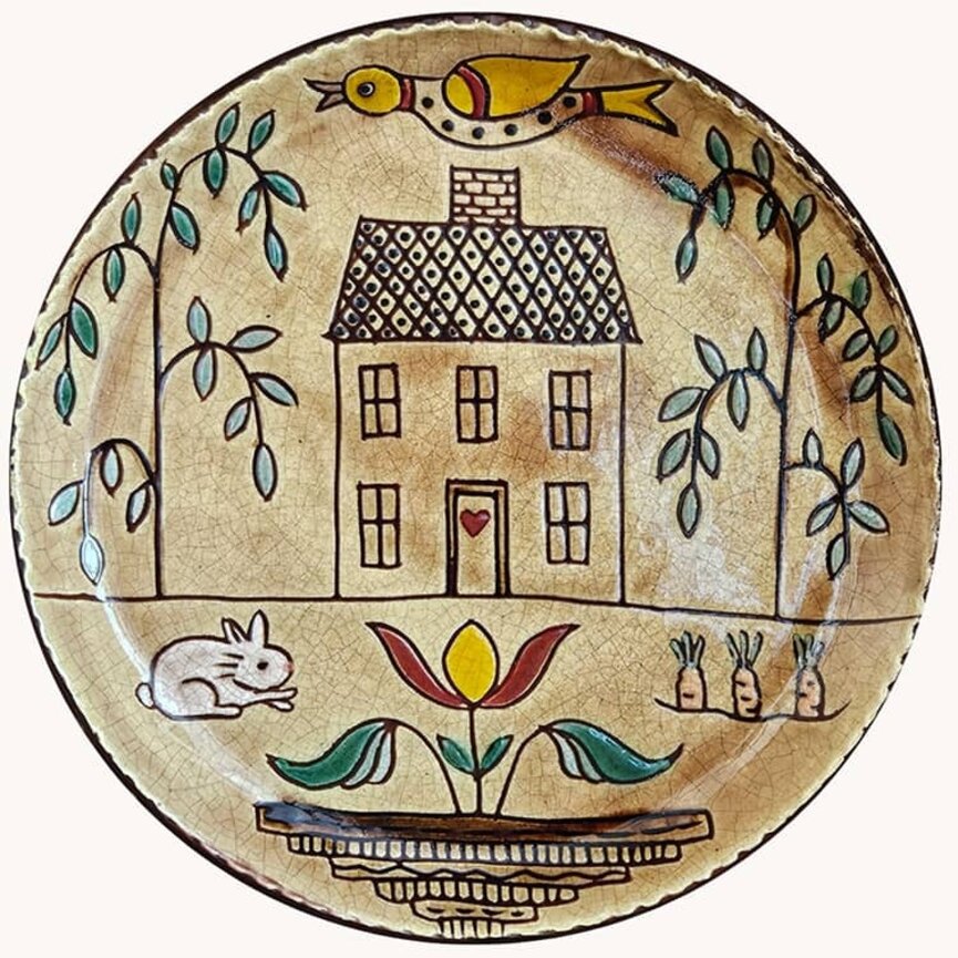 Smith Redware House with Bird Trees & Bunny Round Plate - 9"