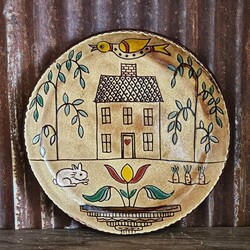 Smith Redware House with Bird Trees & Bunny Round Plate - 9"