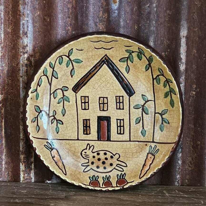 Smith Redware Cottage House with Bunny Round Plate _ 6"