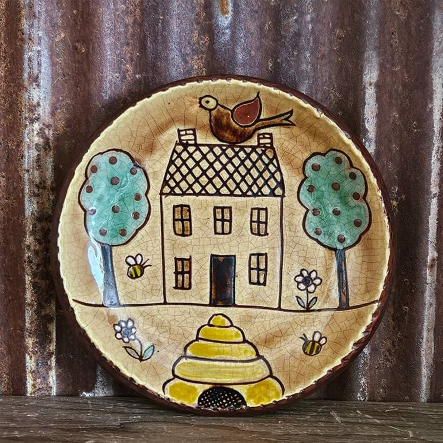 Smith Redware Cottage House with Bird & Bees Round Plate - 6"