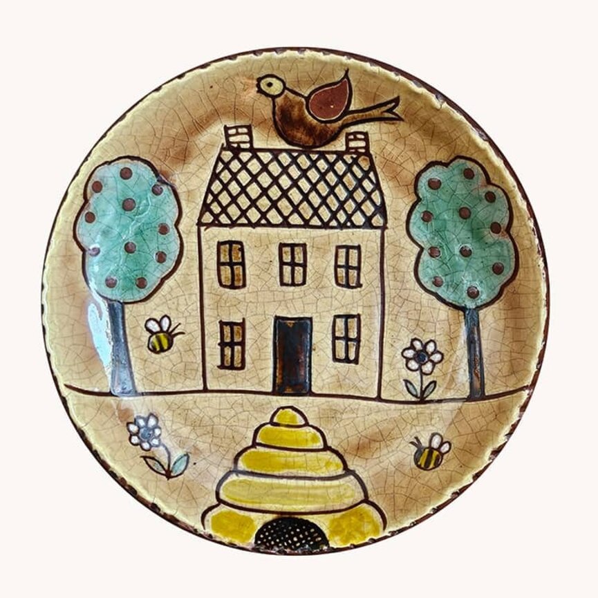 Smith Redware Cottage House with Bird & Bees Round Plate - 6"