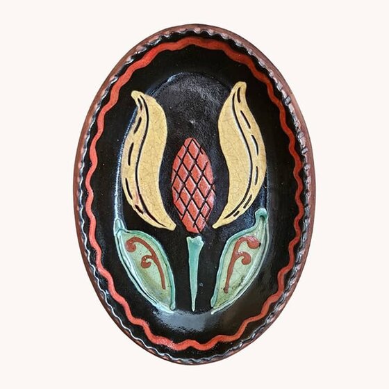 Flower with Black Background Red Edging Oval Plate