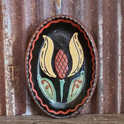 Smith Redware Flower with Black Background Red Edging Oval Plate - 6.5"