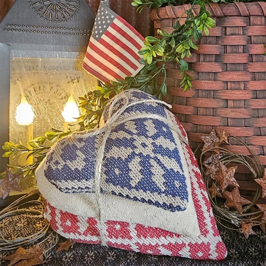 Red Navy & Tan Coverlet Heart Pillows Stack of 3 - 6" x 10.5"