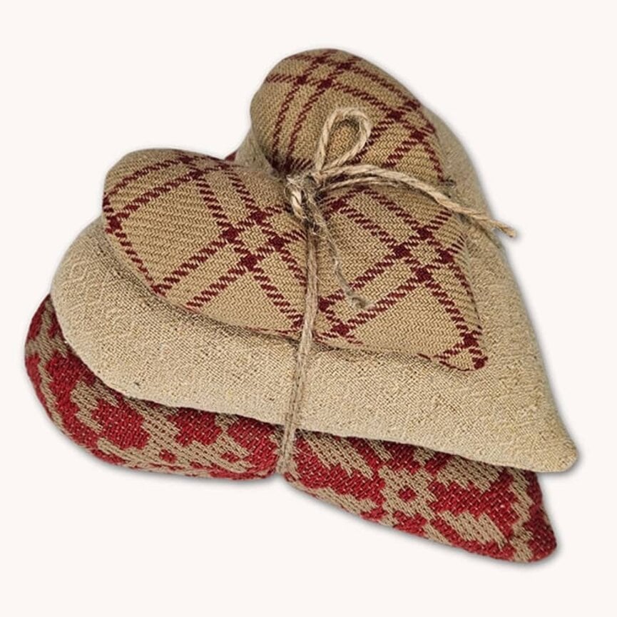 Red/Tan Coverlet Hearts Stack of 3  - 6" x 10.5"