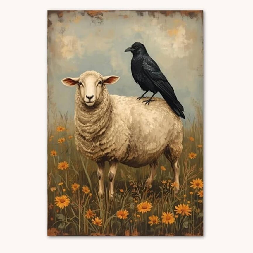 Primitive Sheep & Crow Double Sided Garden Flag - 17.25" x 12.5"