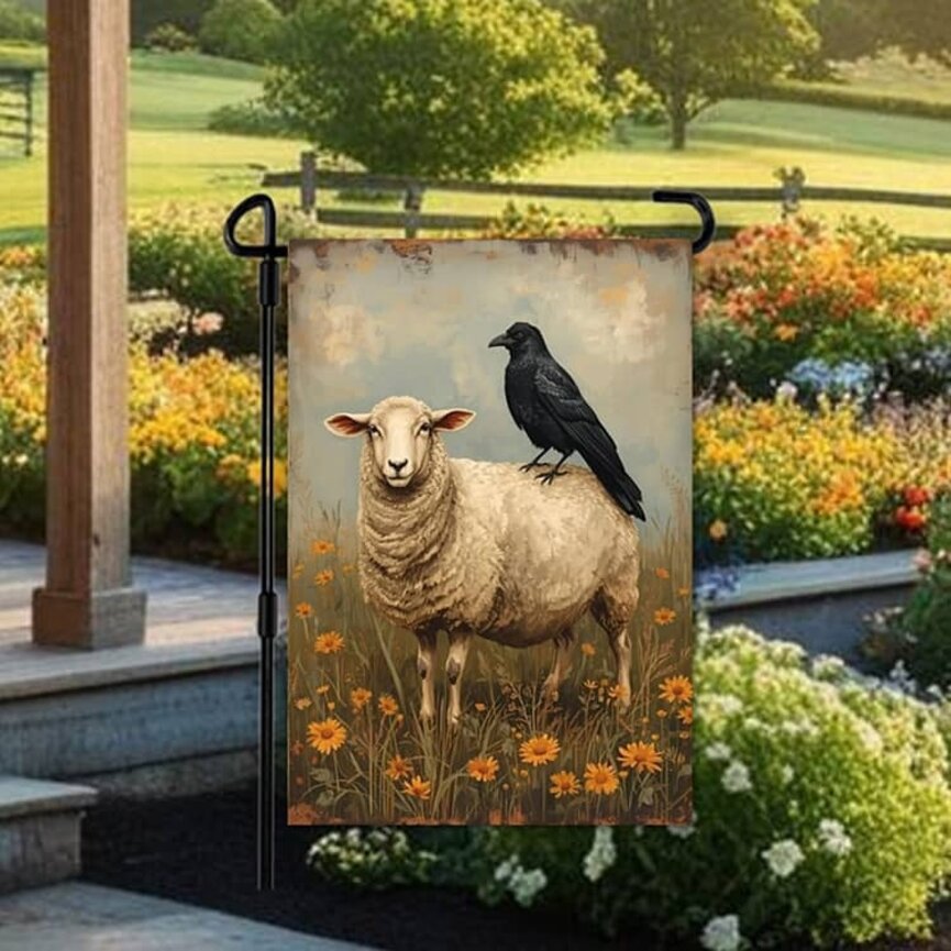 Primitive Sheep & Crow Double Sided Garden Flag - 17.25" x 12.5"