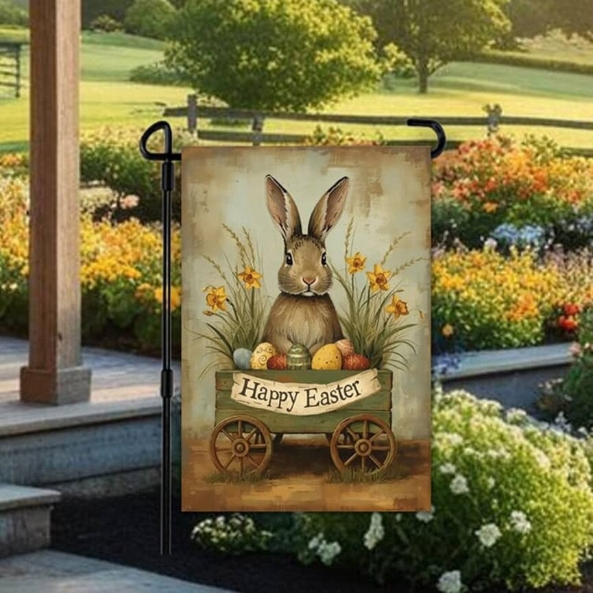 Happy Easter Bunny Cart Double Sided Garden Flag - 12.5 W x 17.25 T