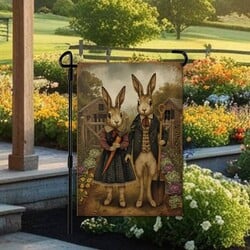 Primitive Rabbit Couple Double Sided Garden Flag - 12.5 W x 17.25 T