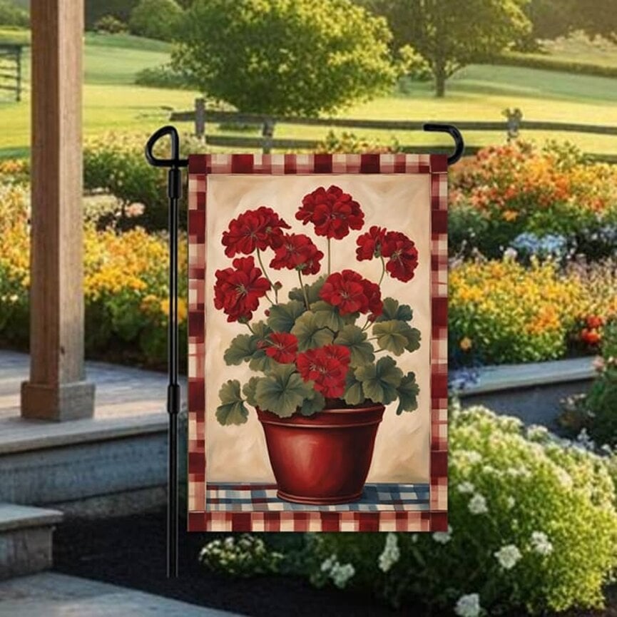 Plaid Border Geranium Pot Double Sided Garden Flag - 12.5 W x 17.25 T