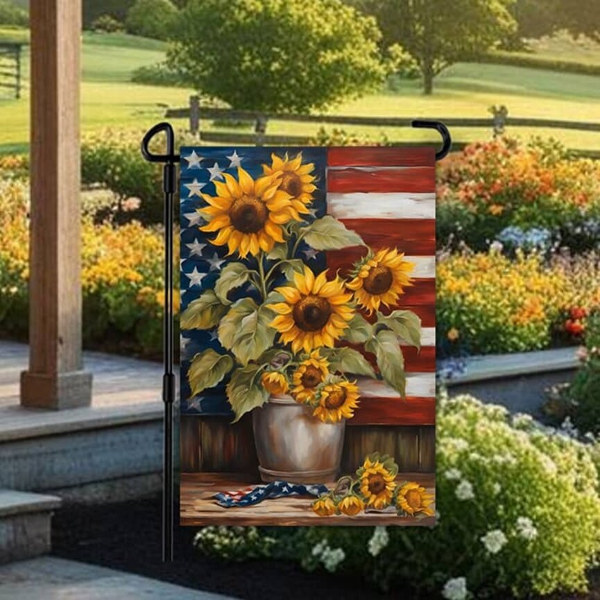 Patriotic Tin with Sunflowers Double Sided Garden Flag - 12.5" x 17.25"