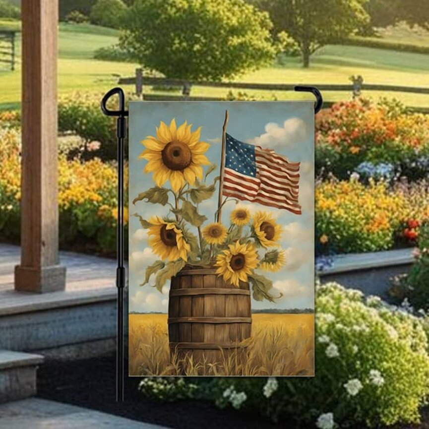 Wood Barrel with American Flag & Sunflowers Double Sided Garden Flag - 12.5" x 17.25"