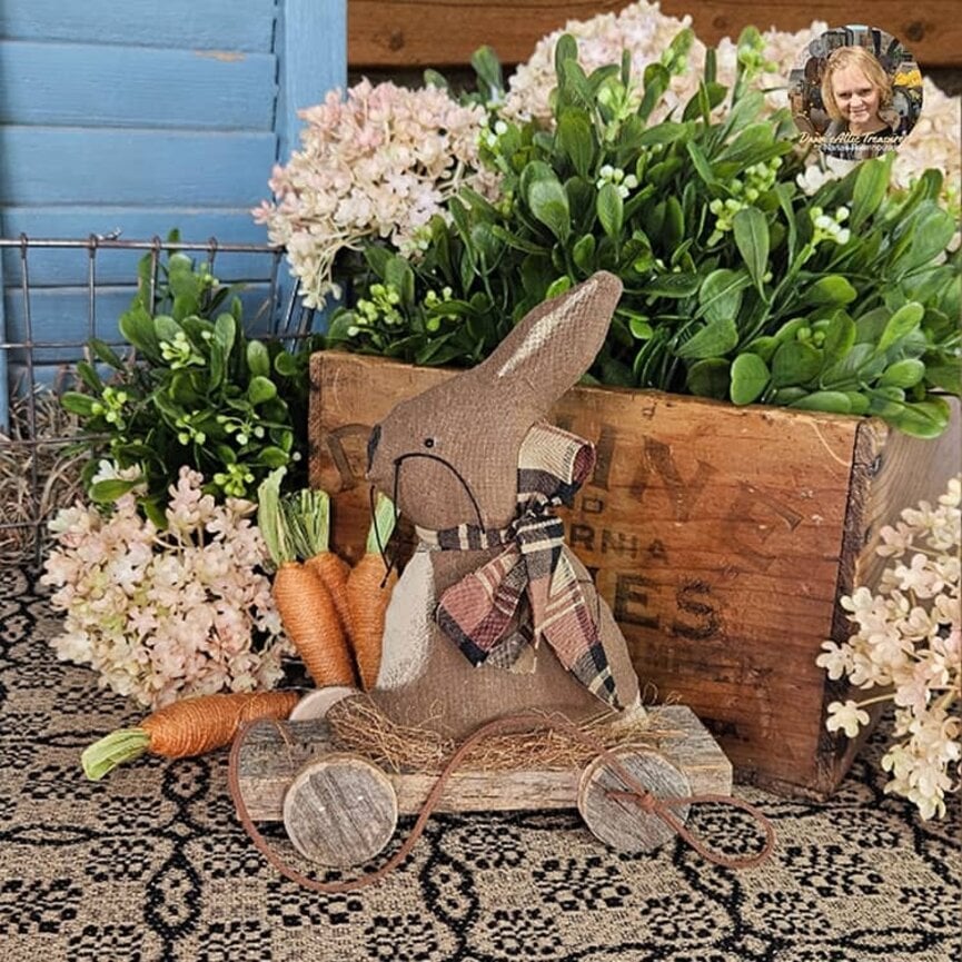 Rabbit on Pull Toy Cart with Plaid Bow - 8"