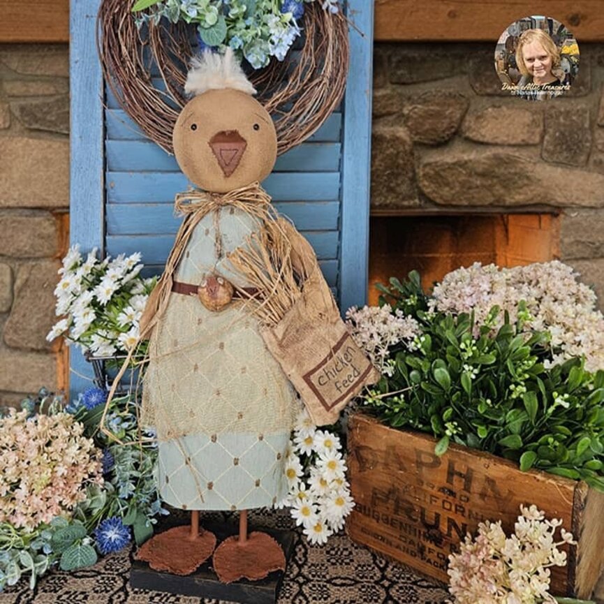 Momma Chick Doll in Light Blue Pattern Dress with Chicken Feed - 20"