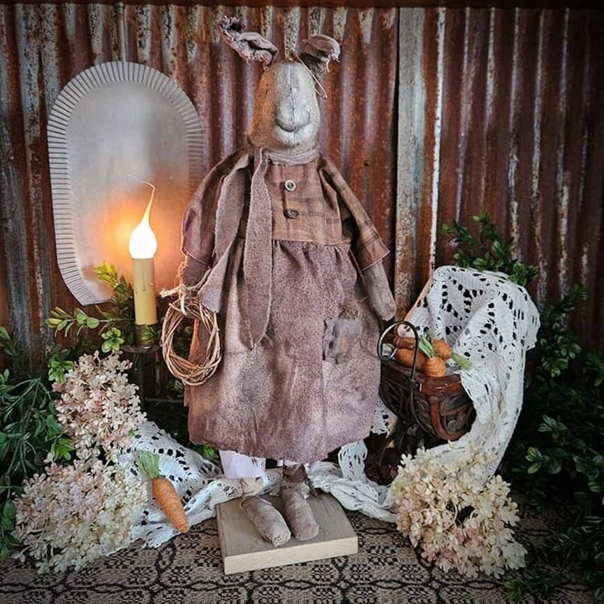 Girl Rabbit Doll in Brown Dress & Scarf Holding Wreath - 19"