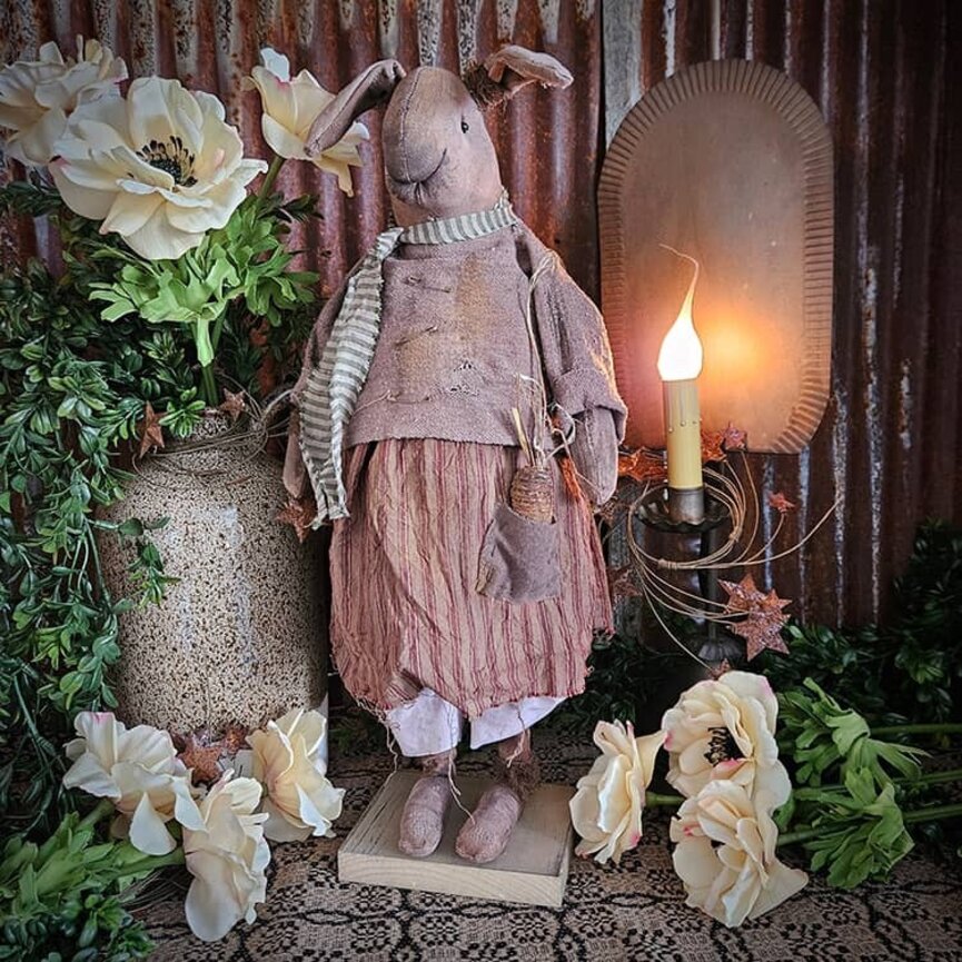 Girl Rabbit Doll in Red Ticking Dress & Green Striped Scarf Carrot Pocket - 19"