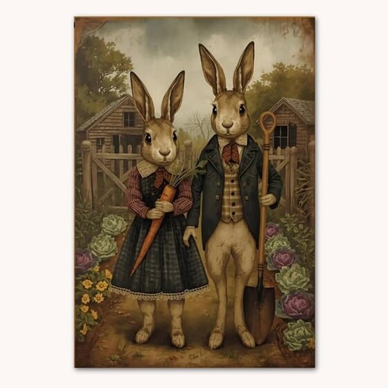 Primitive Rabbit Couple Garden Flag