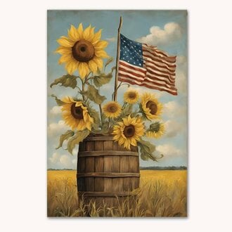 Wood Barrel with American Flag & Sunflowers Garden Flag