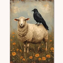 Primitive Sheep & Crow Yard Flag Double Sided - 28" x 40"