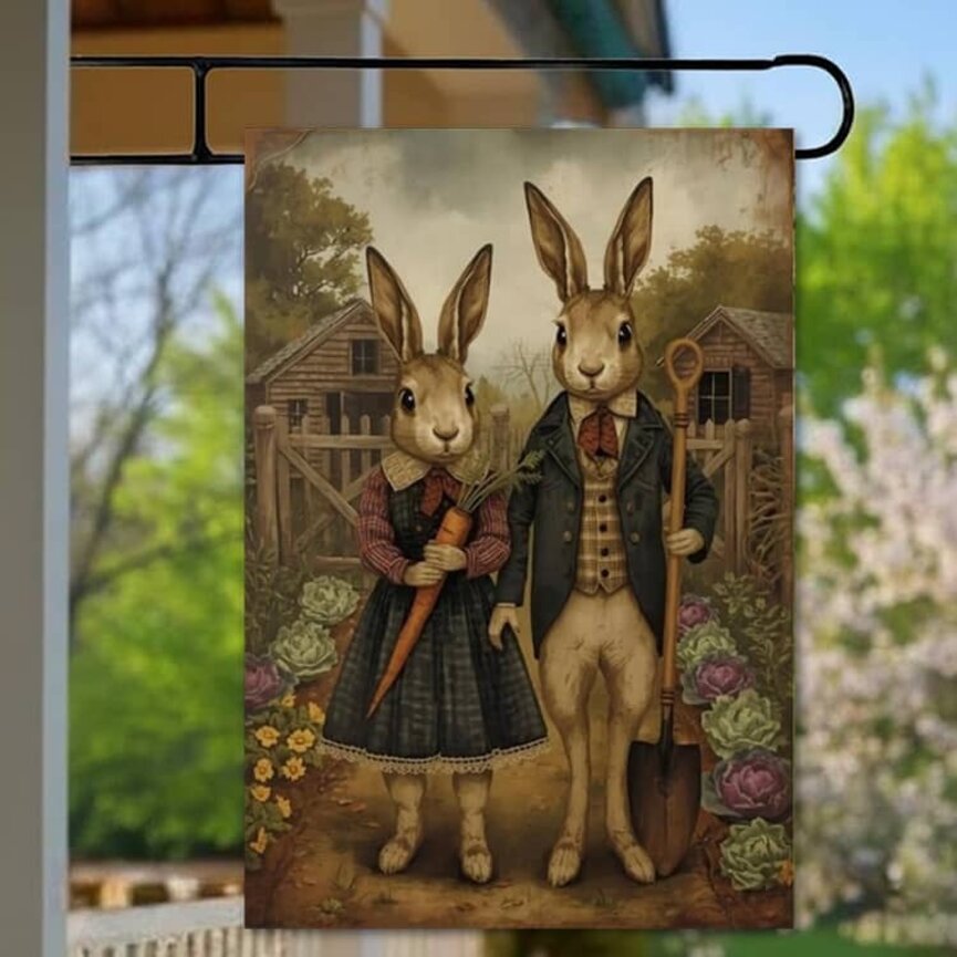 Primitive Rabbit Couple Yard Flag Double Sided - 28" x 40"