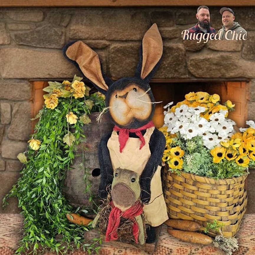 Boy Bunny Black with Tan Face Tan Apron Red Scarf Holding Frog - 21.5"