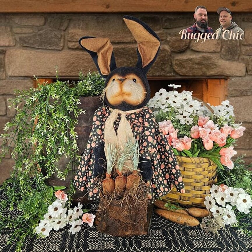 Girl Bunny Black Doll with Tan Face Strawberry Dress Holding Bag of Carrots - 21.5"