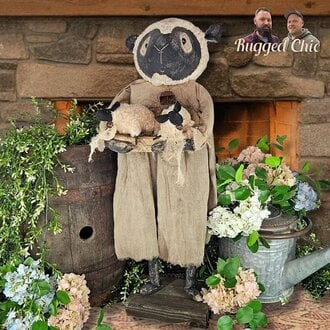 Girl Sheep Doll with Rustic Bell Necklace Holding Bowl 2 Baby Lambs