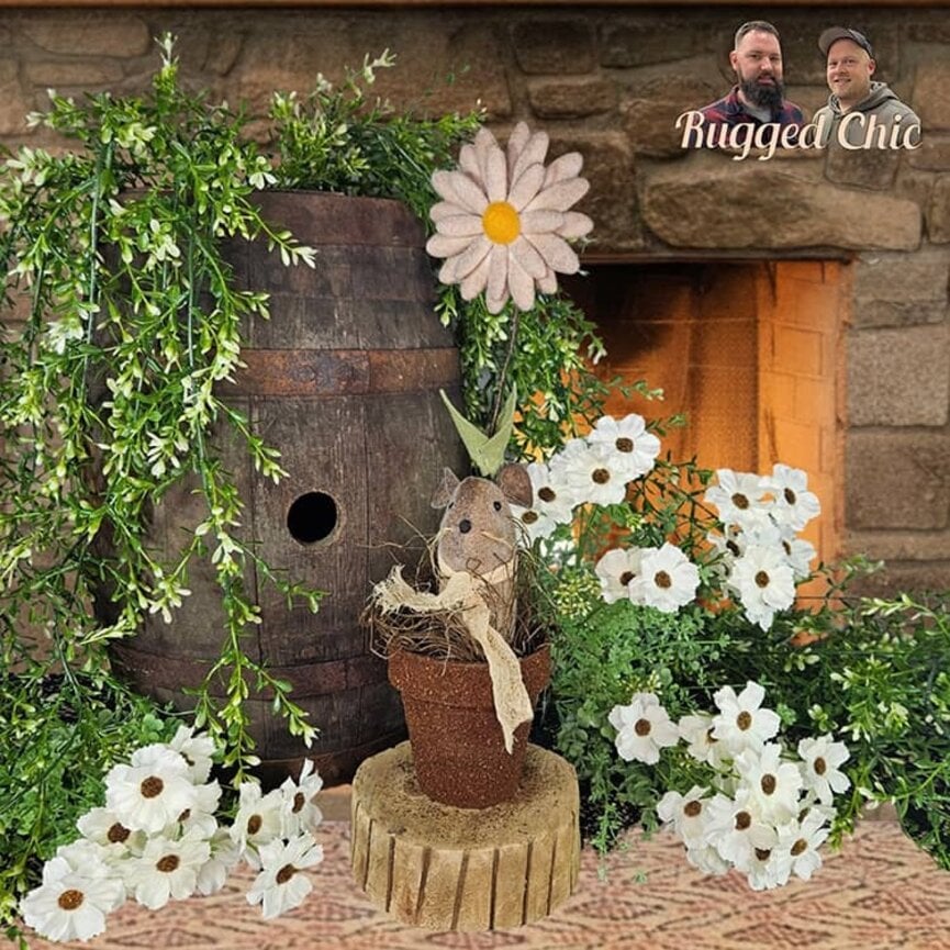 Mouse In Rustic Flower Pot with Wood Base Rafia & Daisy - 17"