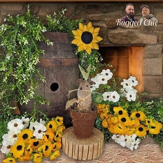 Mouse In Rustic Flower Pot with Rafia & Sunflower