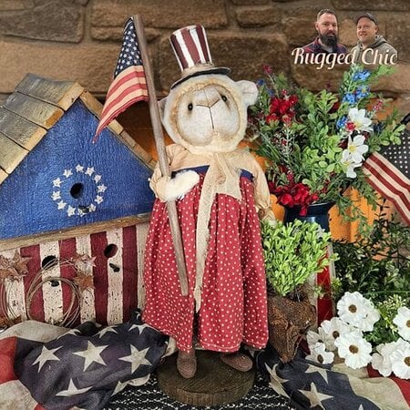 Girl Lamb Doll in Red Star Dress Holding Bag of Greenery & Flag 20 T x 6 W