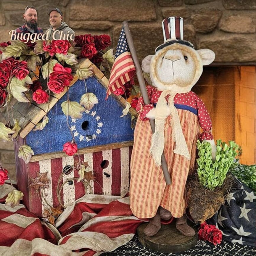 Girl Lamb Brown White Face Red Ticking Dress Holding Bag of Greenery & Flag - 20"