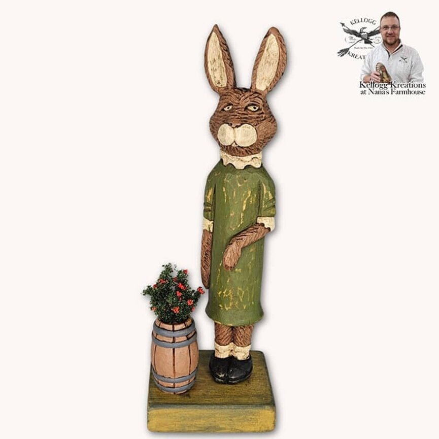 Hand Carved Girl Rabbit Barrel of Flowers - 8.25"