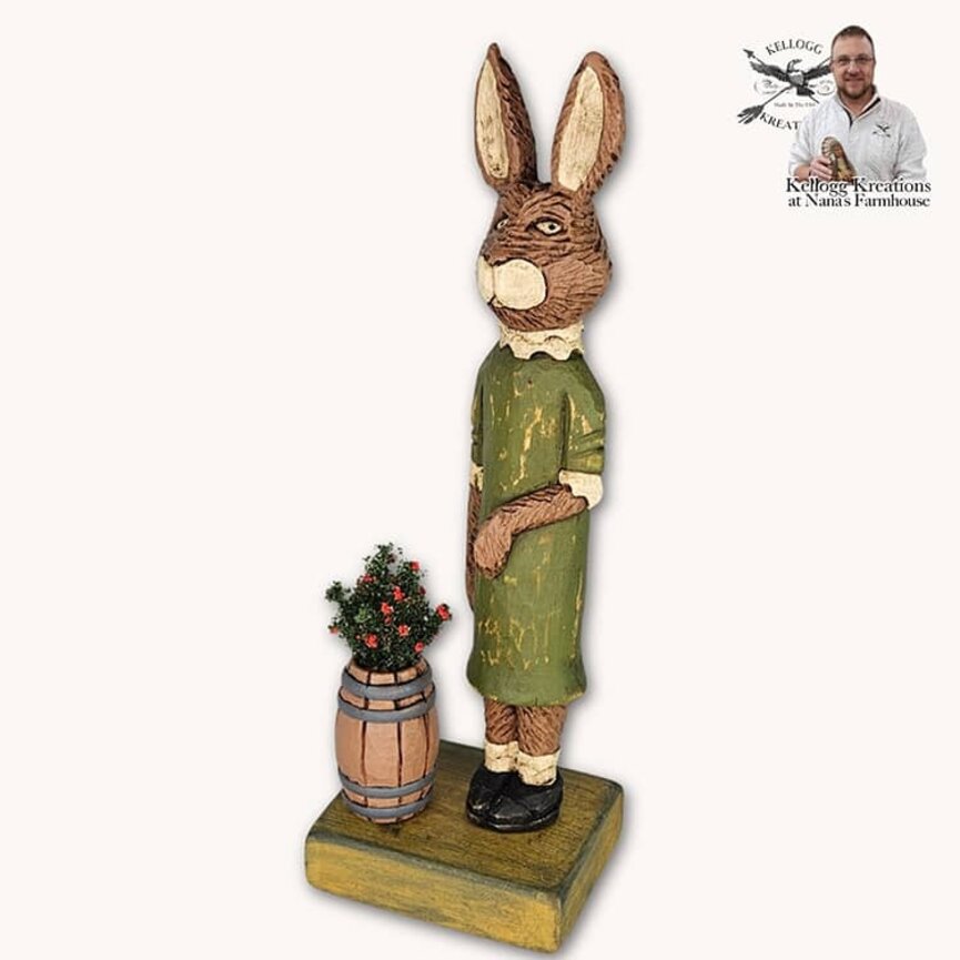 Hand Carved Girl Rabbit Barrel of Flowers - 8.25"