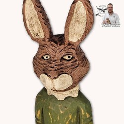 Hand Carved Girl Rabbit Barrel of Flowers - 8.25"