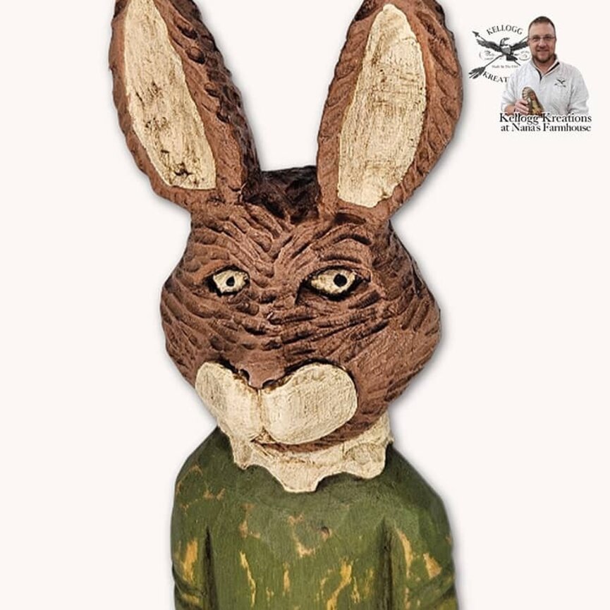 Hand Carved Girl Rabbit Barrel of Flowers - 8.25"