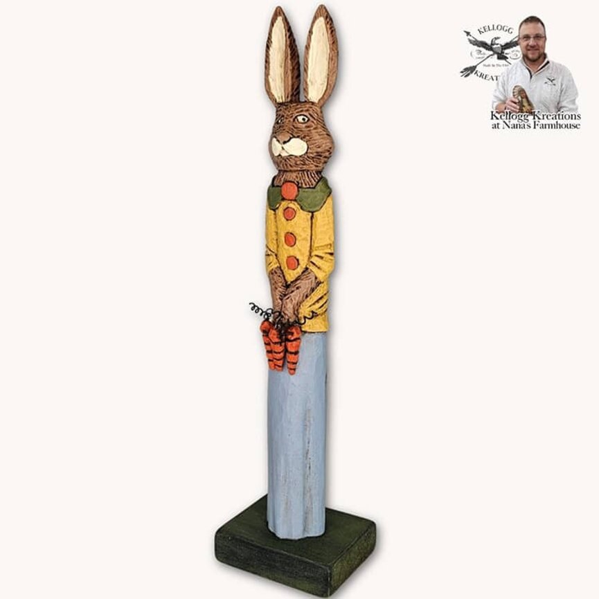 Hand Carved Girl Rabbit with Carrots - 11.5"