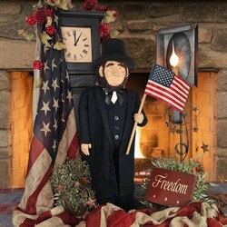 Abe Lincoln Black Suit Top Hat Holding American Flag Doll - 24"