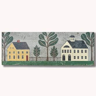 Prim Village Houses with Trees Hand-Painted Sign