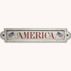 America Distressed White Wood Sign with Flags & Stars - 41.5" x 8.5"