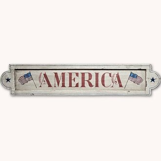 America Distressed White Wood Sign with Flags & Stars