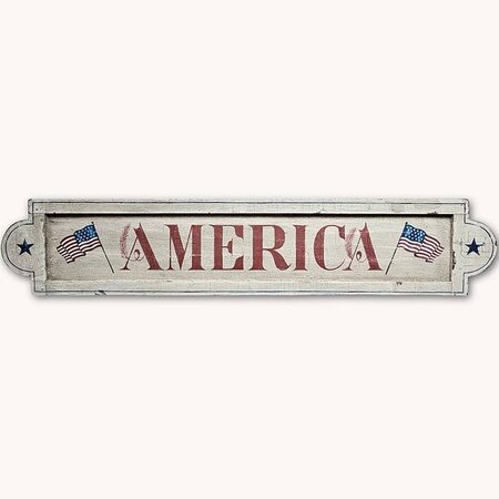 America Distressed White Wood Sign with Flags & Stars