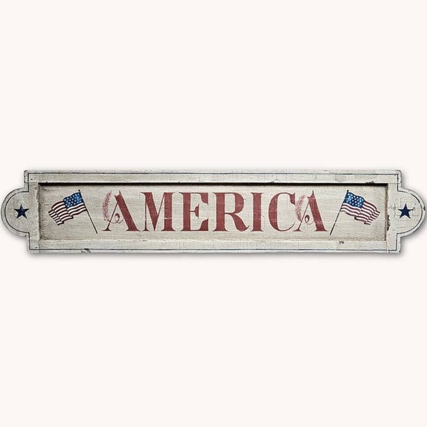 America Distressed White Wood Sign with Flags & Stars - 41.5" x 8.5"