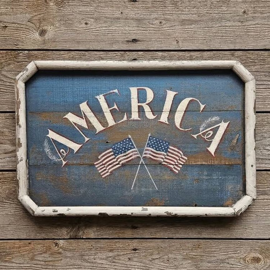 Distressed America Blue with Flags Handpainted Sign - 24" x 15.5"