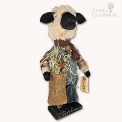 Gilbert Boy Sheep Doll in Denim Coveralls W/Bag of Straw - 16"