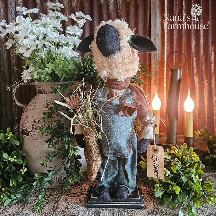 Gilbert Boy Sheep Doll in Denim Coveralls W/Bag of Straw - 16"