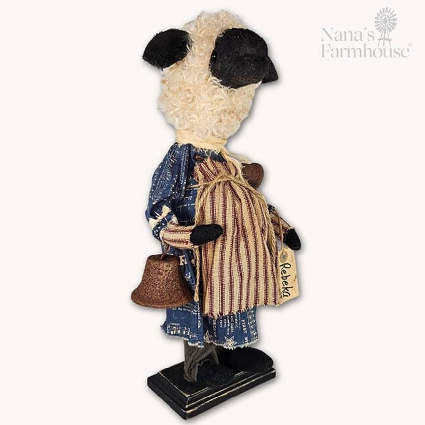 Rebeka Girl Sheep Doll in Ticking Apron & Rustic Bell - 16"